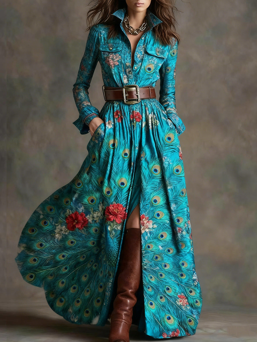 Retro Feather Floral Art Texture Printed V-Neck Vintage Pocket-Style Long Sleeve Maxi Dress